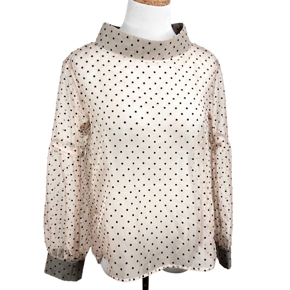 Katharine Kidd Bianca Top Semi-Sheer Chiffon Blouse Nude Tan & Black Polka Dot - Picture 14 of 16
